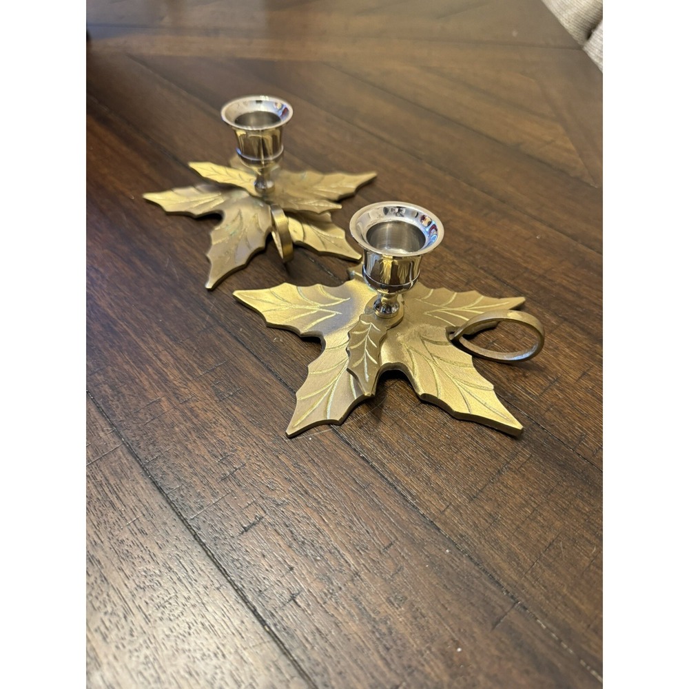 Brass Holly Leaf Candle Holders Pair Holiday Farmhouse Cottage Christmas Vintage